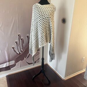 White and Gray Polka Dot Poncho with Fringe